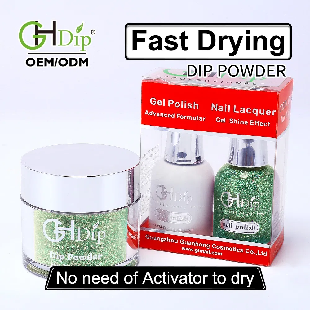 Green Color Glitter Nail Fast Drying Dipping Powder 3 in 1 Match Gel and Lacquer