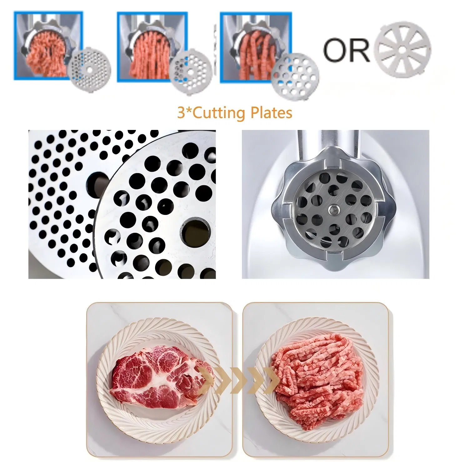 Stainless Steel Electric Meat Grinder with 3 Metal Plates Sausage Stuffer