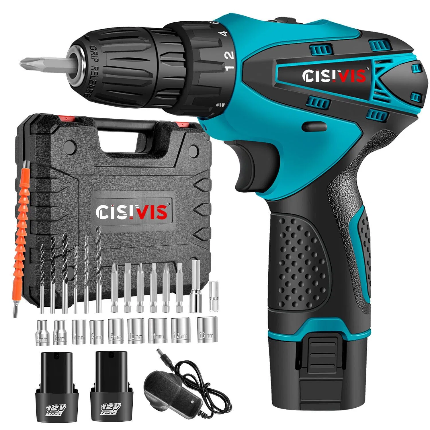 12V Brushed Cordless Hand Drill Set 25n·M 10mm Chuck with 2 Batteries, Charger & Carry Case