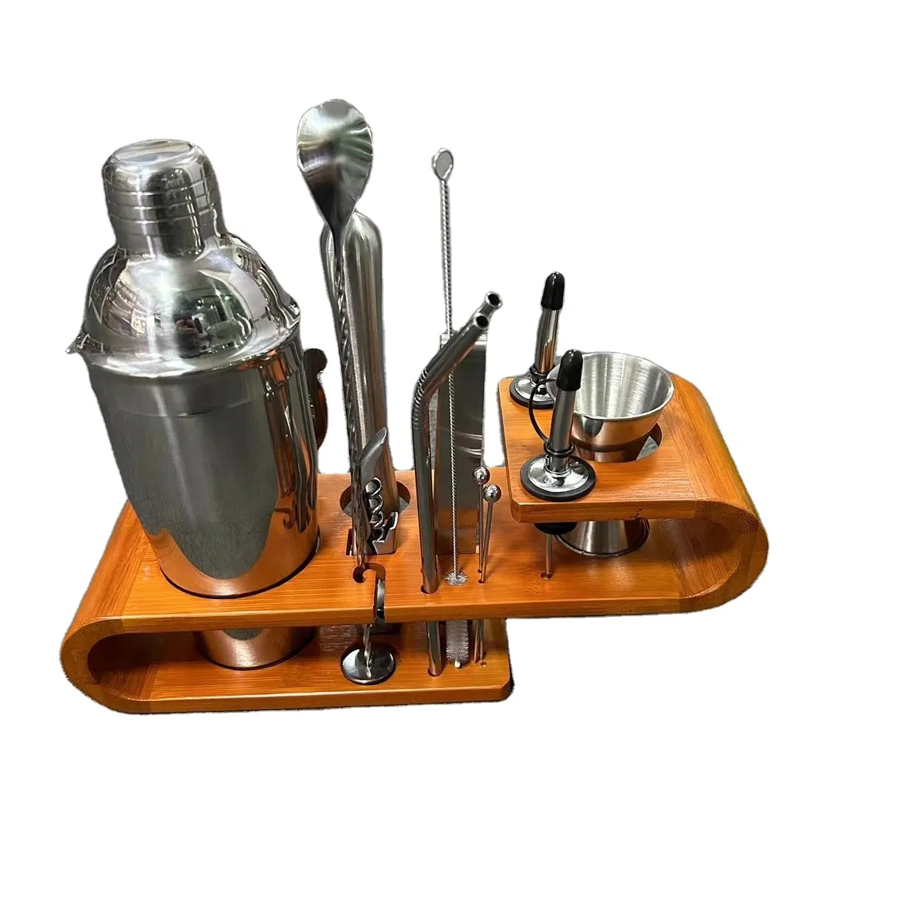 Custom Bartender Kit Bar Tools Set Martini 24oz Cocktail Shaker Set with Stylish Bamboo Wood Stand