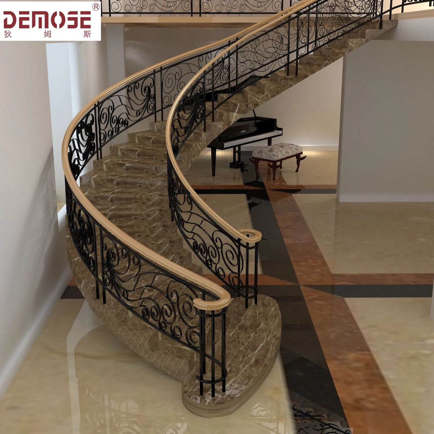 Luxury Wrought Iron Curved Indoor Guard Stair Railing Design Spiral Staircase (DMS-1021)