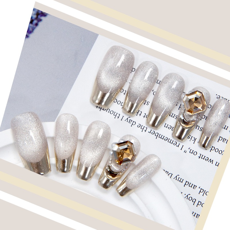 Luxury Silver Gold Glitter False Nails with Rhinestones - Elegant Press on Nails for Women - Reusable Artificial Nails