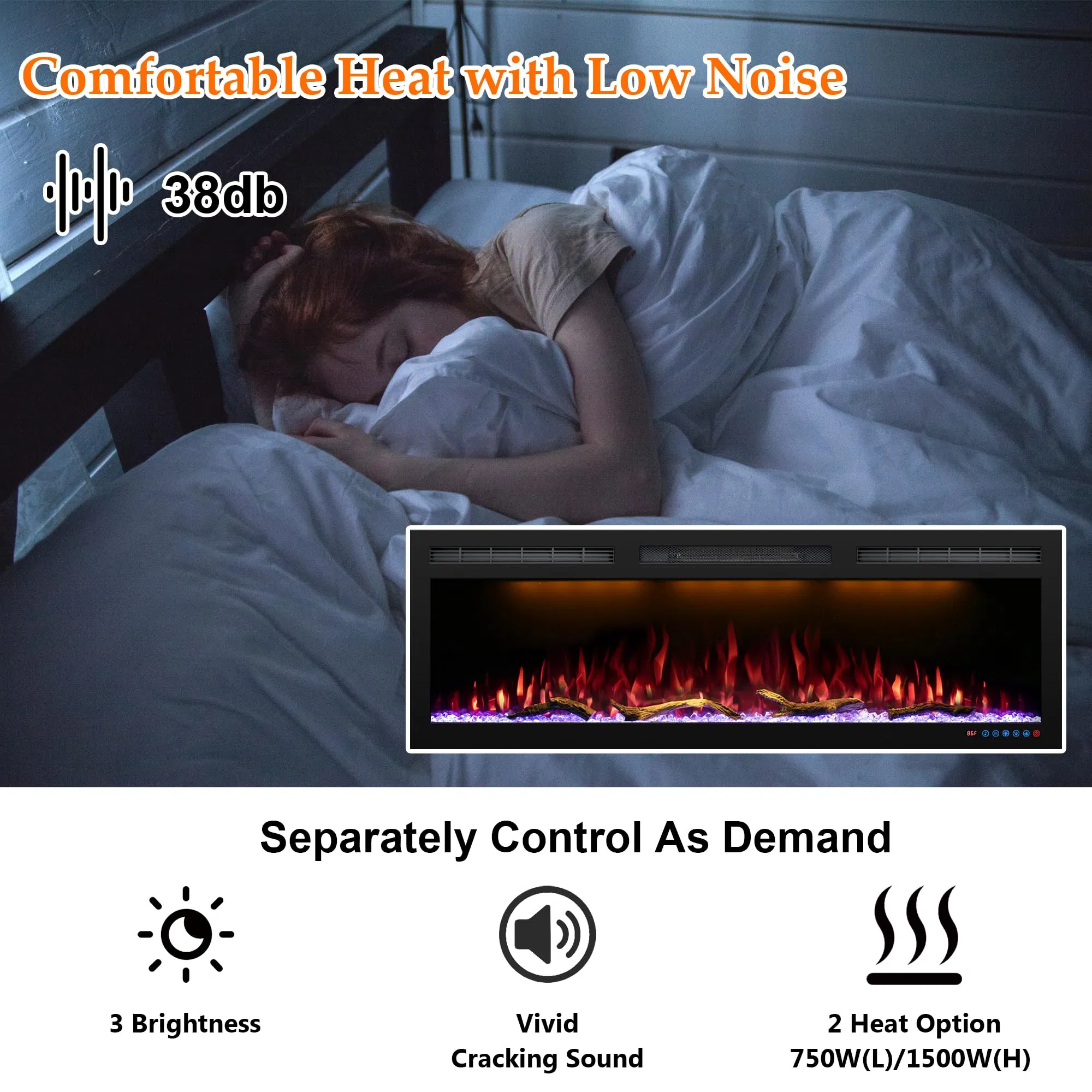 Commercial LED Electric Fireplace with Smart APP Control, 3D Realistic Flame Effect, Wall Mounted Heater for Hotel and Office Use