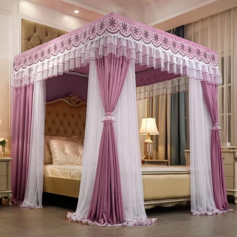 Wholesale Double-Layer Double-Rod Three-Opening Princess Curtain Embroidered Lace Mosquito Nets