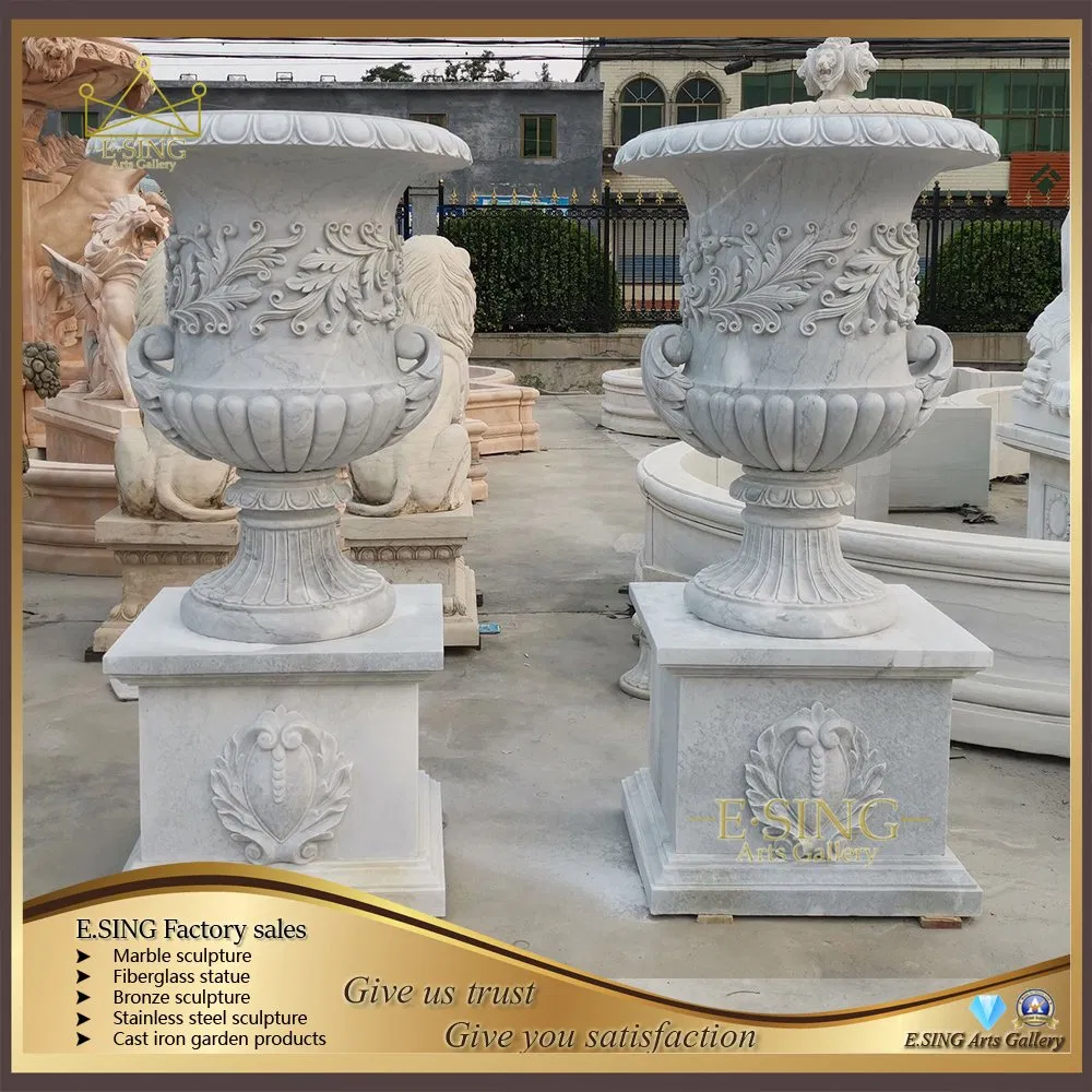 Large Decorative Hand Carved White Marble Flower Planter