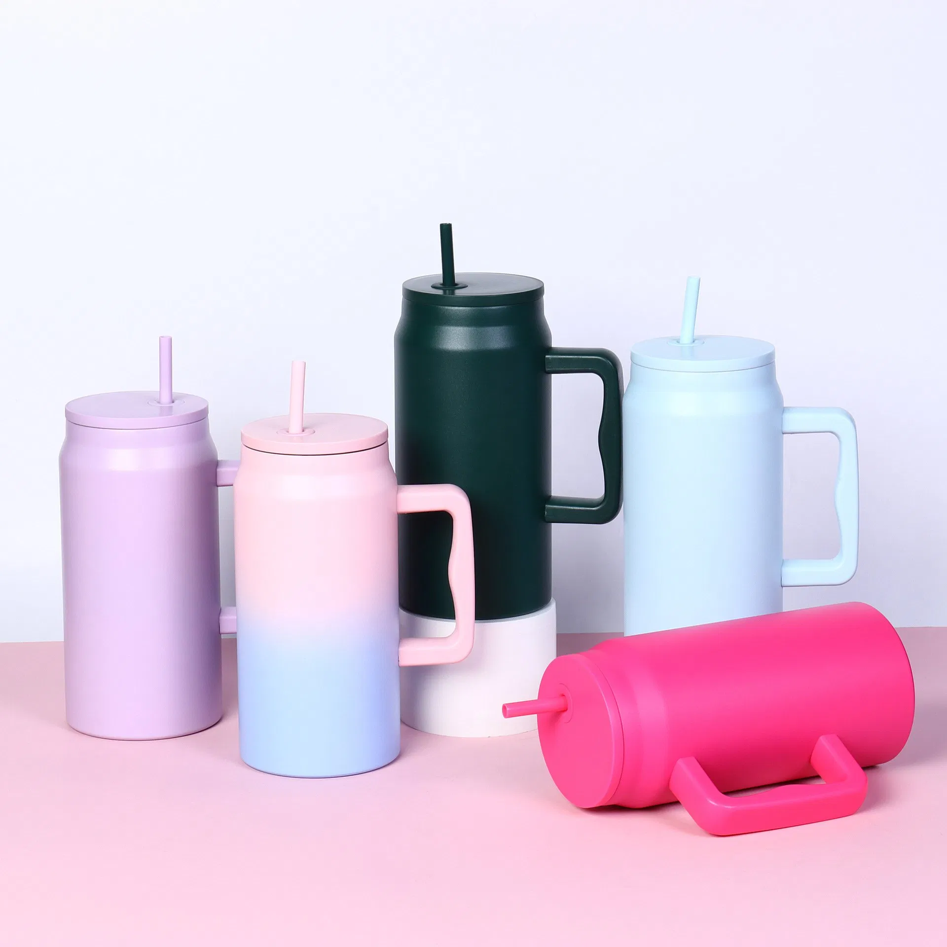 Custom 304 Stainless Steel Vacuum Flask Thermo Cup Outdoor Portable Straw Mug 50oz Large Capacity Car Tumbler Water Bottle with Lid Handle Straw