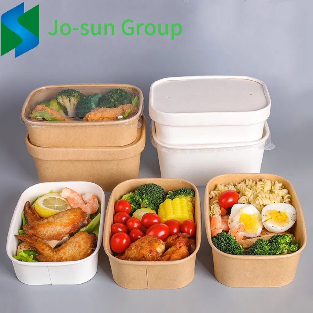 Jo-Sun Wholesale Rectangle Logo Lid Rectangular Takeway Takeaway Kraft Food Large Salad Paper Bowl Disposable 500ml