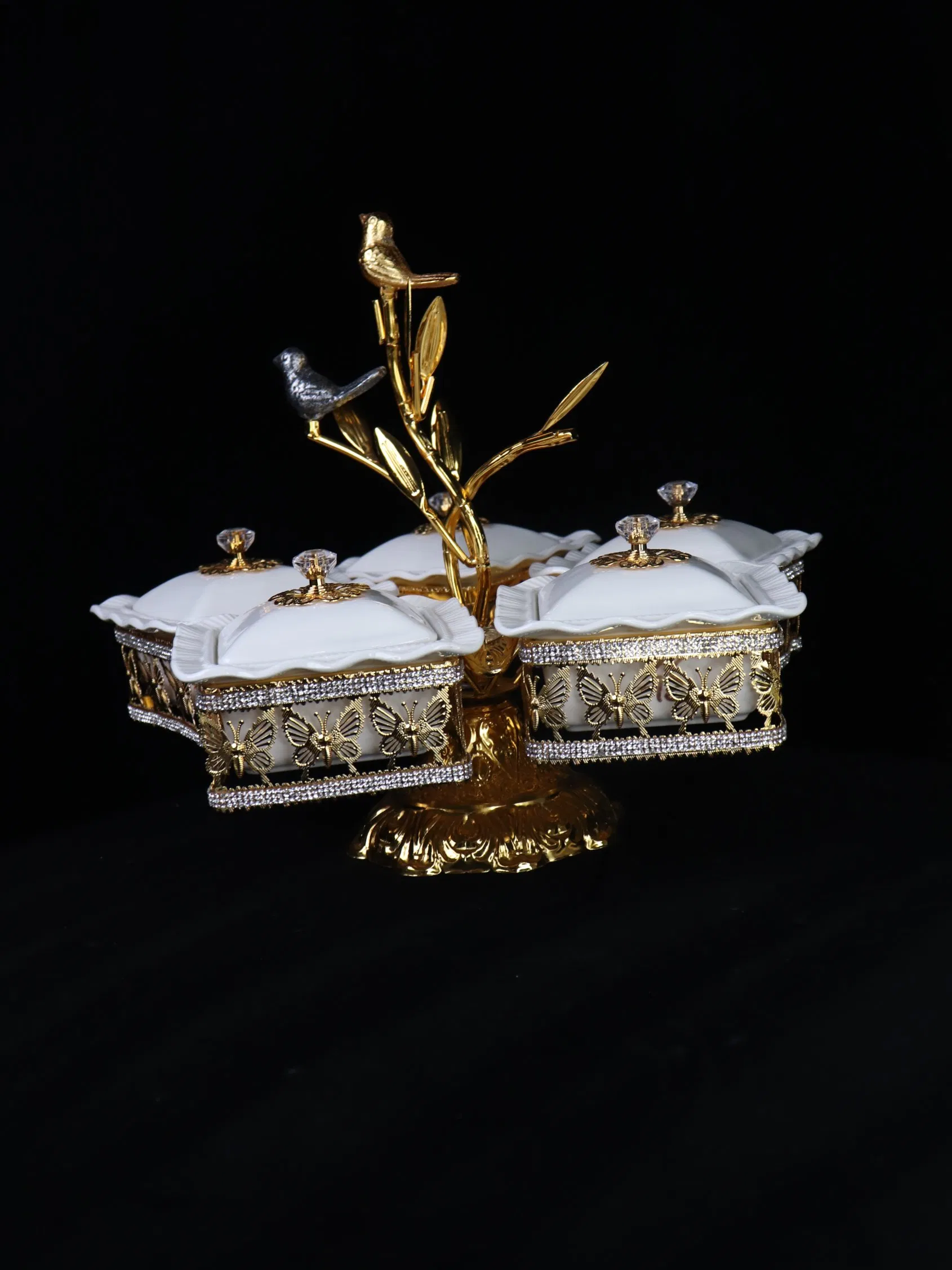 Home Ornament Gold-Plated Iron Frame with 5 Square Ceramic Bowl