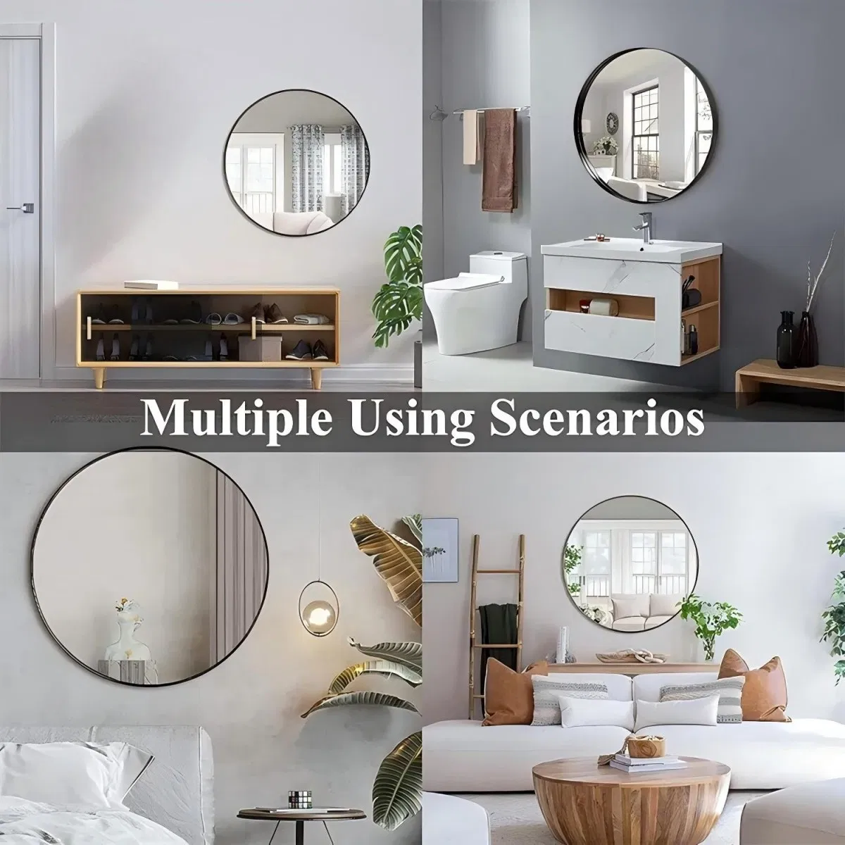 Modern Framed Round Wall-Mount Mirror Home Decor Mirror for Bathroom Living Rooms