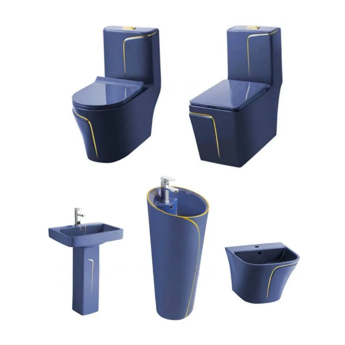 Blue and Golden Line Design Ceramic Bathroom Wc Siphon Flush Toilet Bowl Basin Sanitary Ware Suits Toilets Set