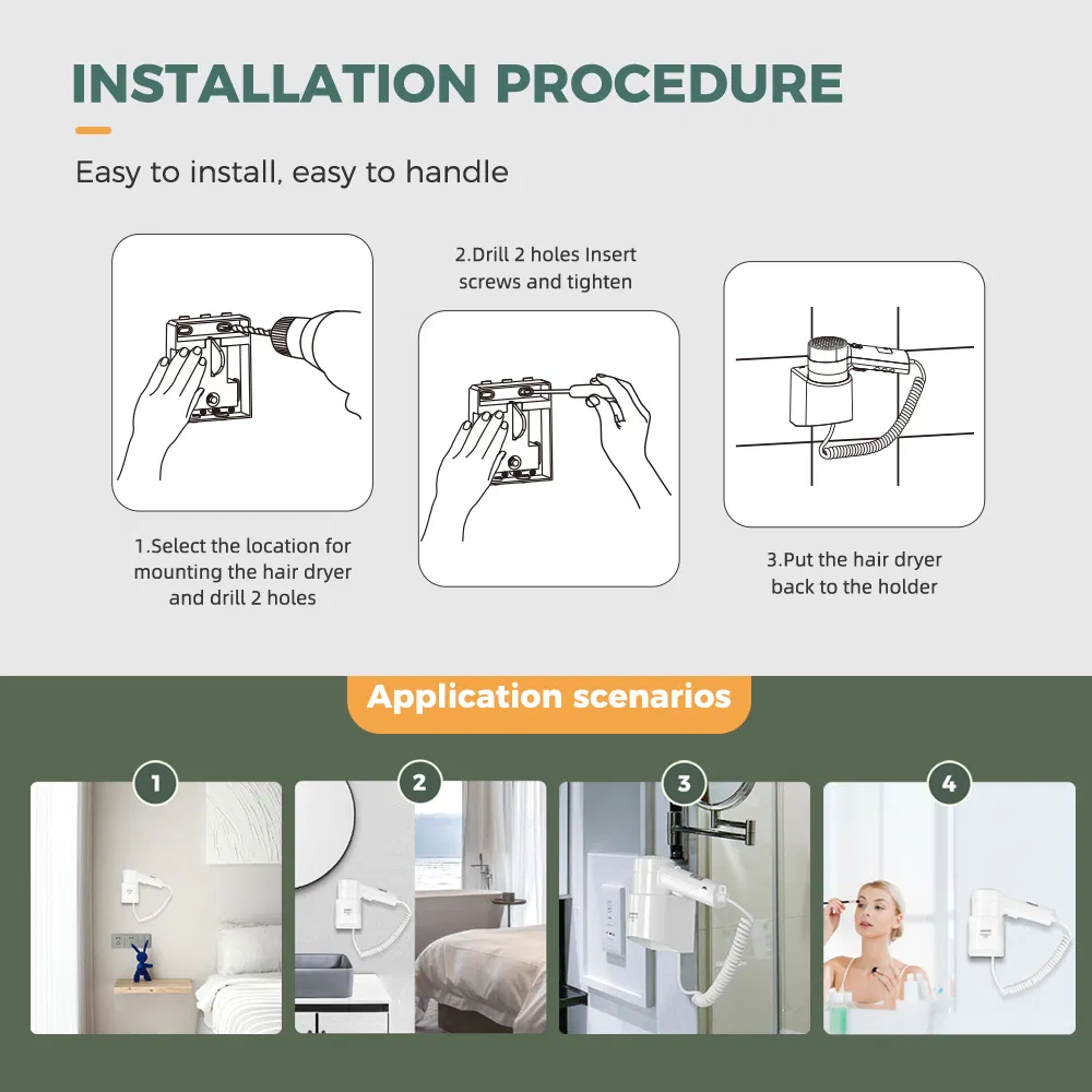 2025 New Design Hotel Bathroom Wall Mounted ABS 1300W Overheat Protection Electric Hair Dryer