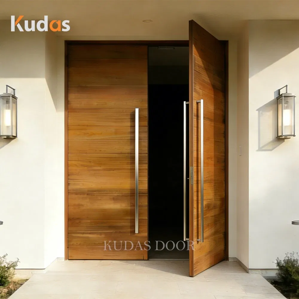 Natural Teak Solid Wood Exterior Swing Entrance Pivot Front Wooden Double Doors