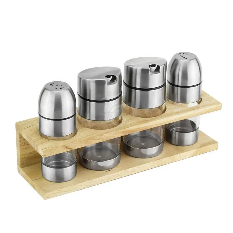 Wooden Holder Stand Cruet Set Salt and Pepper Shaker Set Oil and Vinegar Dispenser Bottle
