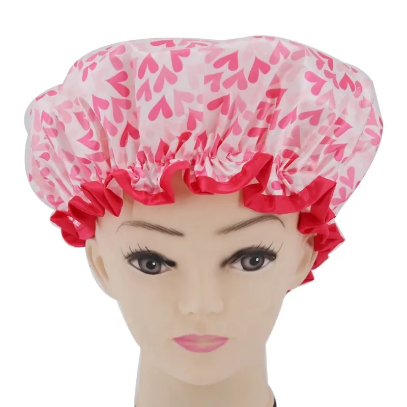 High Quality Loving Heart Printing Shower Caps Satin Waterproof Shower Cap