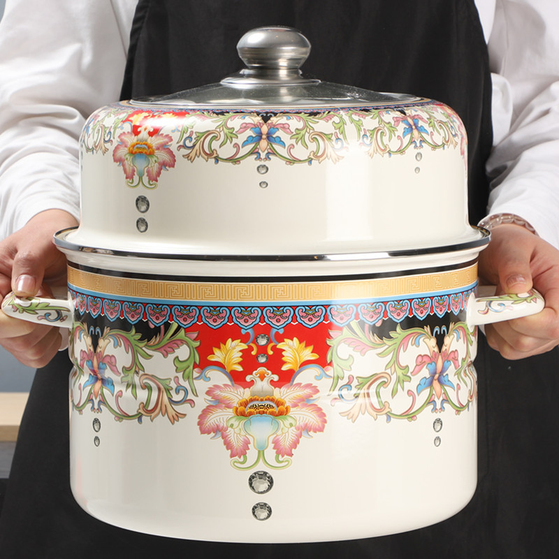 Enamel Multi-Layer Steamer with Visible Lid