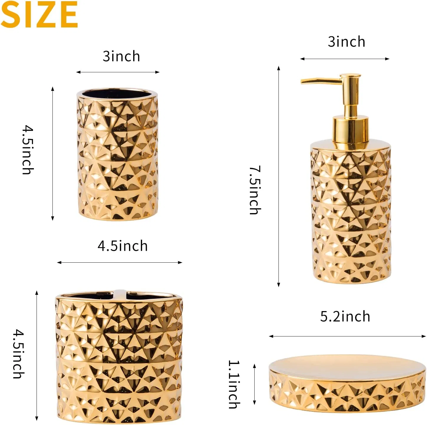Gold 4 Piece Ceramic Rain- Drop Shaped Bath Accessories Set with Toothbrush
