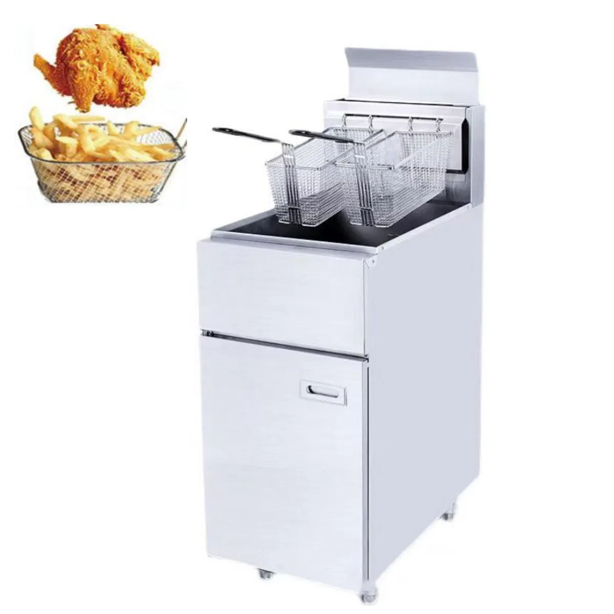 Stainless Steel Commercial Vertical Gas Fryer 1-Tank 2-Basket Fryer for Kitchen Use