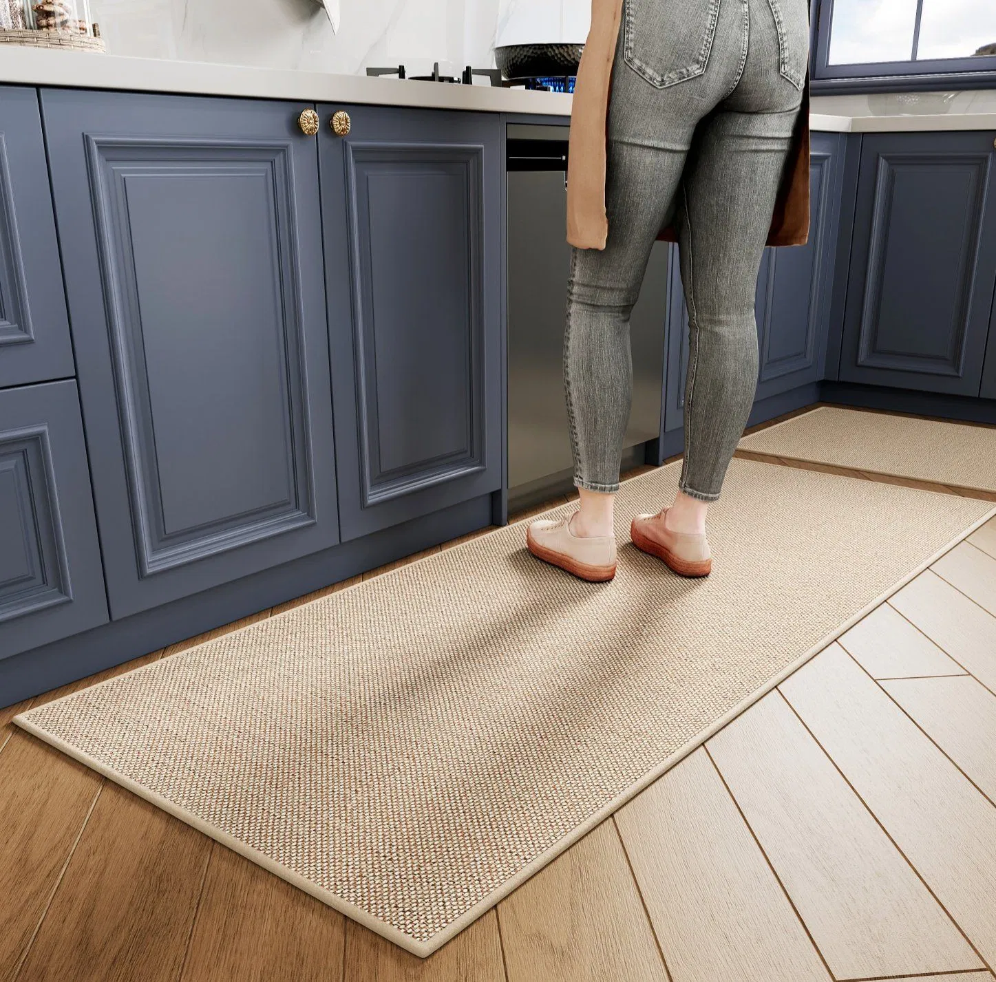 Custom Anti-Slip Faux Linen Kitchen Mat for Modern Interiors
