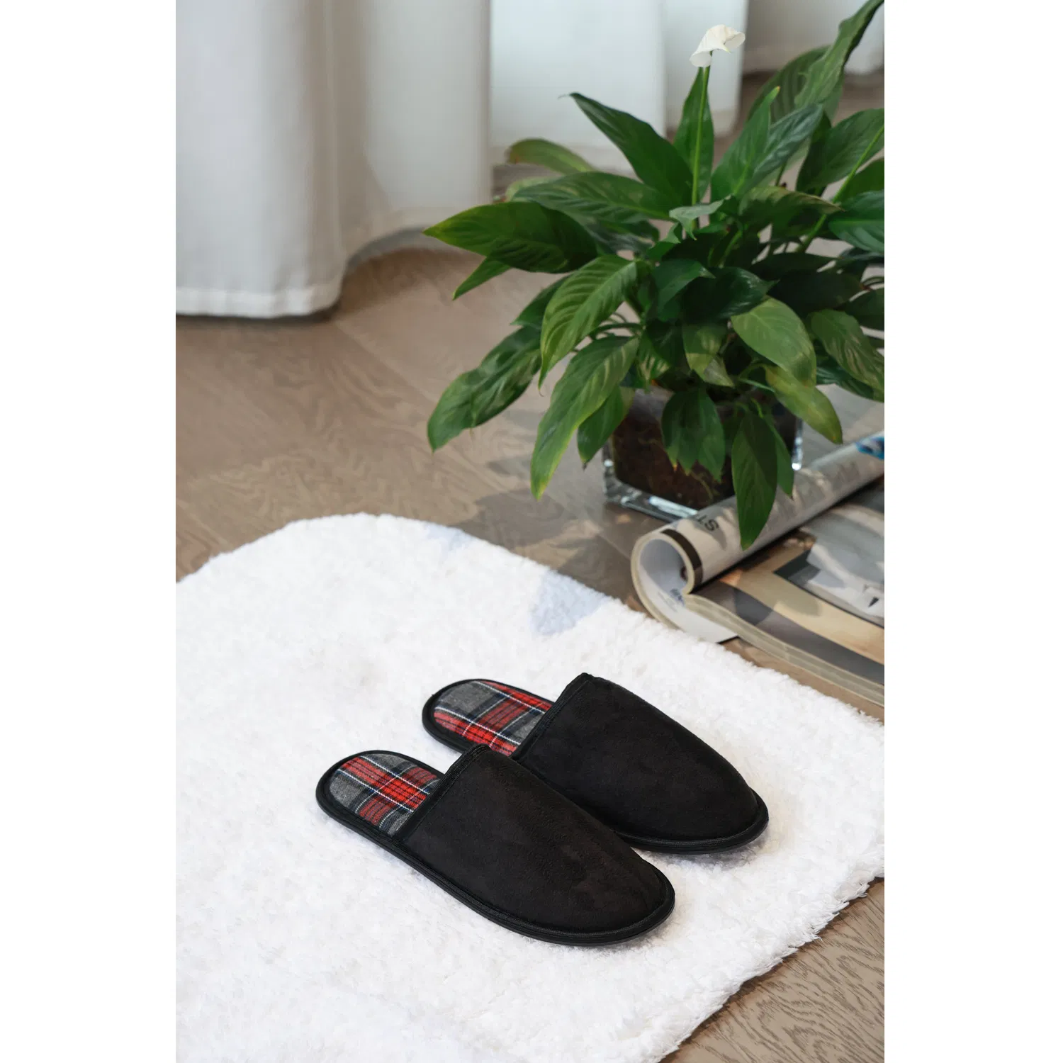 Black TPR Sole Slippers - Suede Outer with Nap Fabric Interior