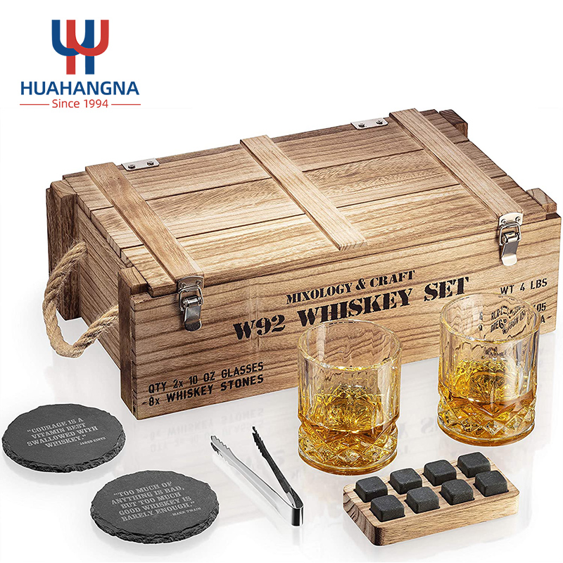 Fathers Day Whiskey Bullets Gift Set Luxury for Men Wooden Box with Cooling Bullets 2 Glasses Custom Whiskey Bullets Gift Set