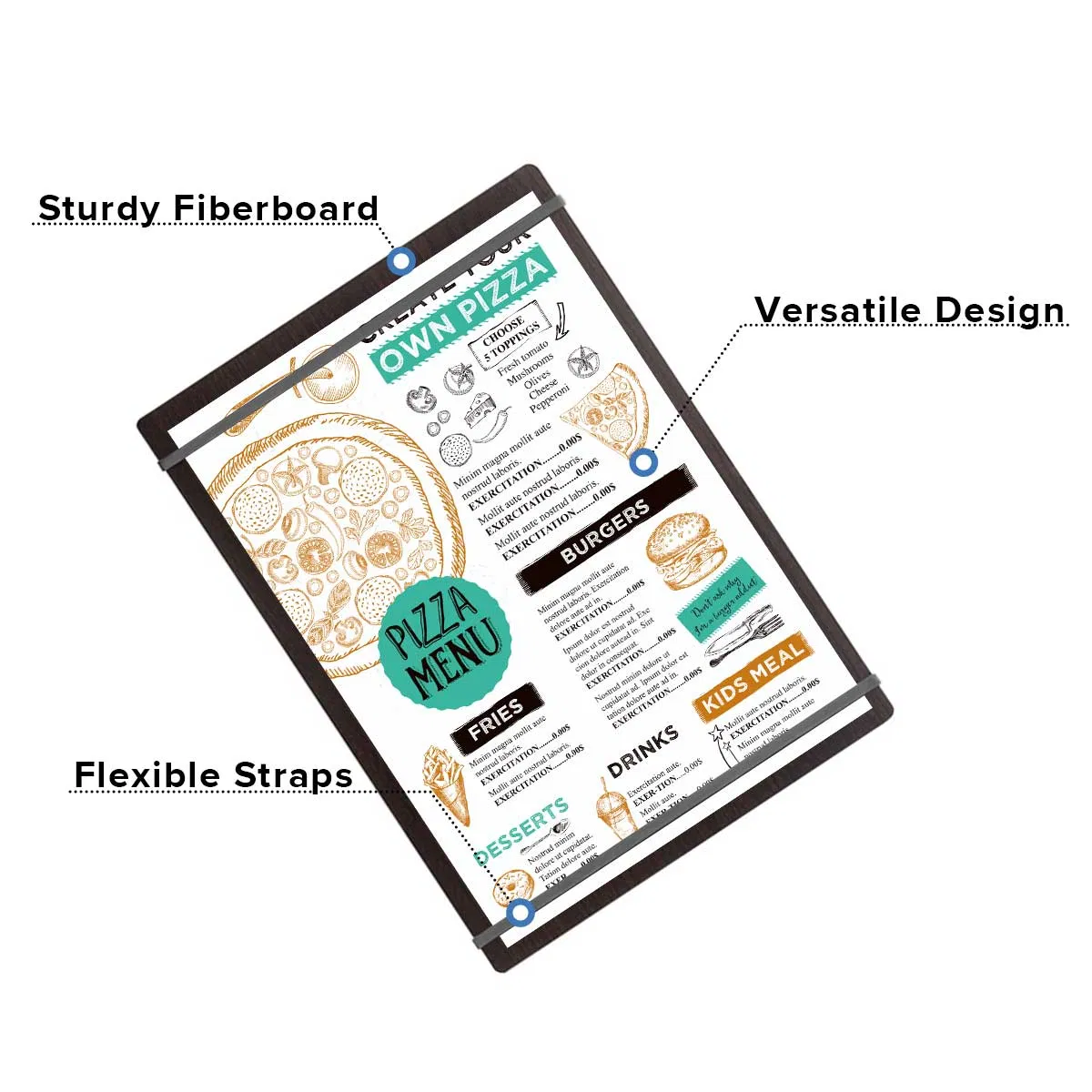 Customizable Natural Wood Black Brown Color Menu Holder Board with Straps