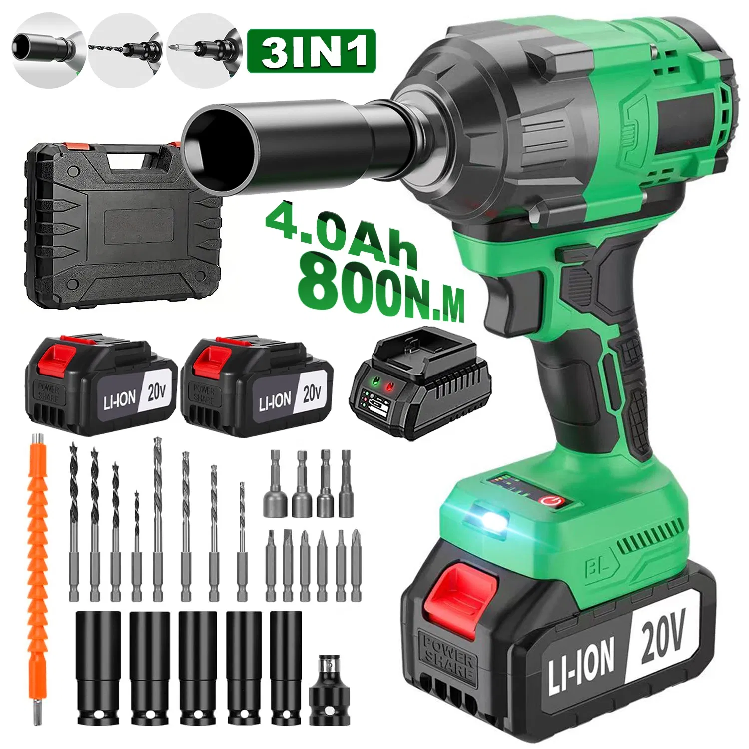 20V Cordless Impact Wrench, Max Torque 800nm, 3 in 1 Electric Wrench, Support OEM/ODM