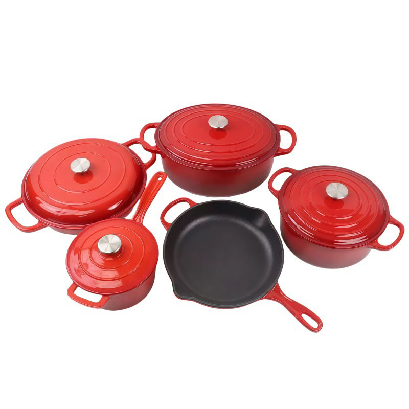 9 Piece Die-Cast Cast Iron Soup Pot Set Kitchen Non-Stick Enamel Cookware Set