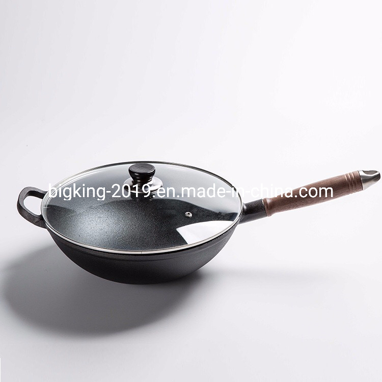 Чугунный вок 31 см с деревянной ручкой и стеклянной крышкой