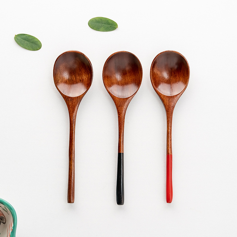 Nanmu Japanese Lacquer Handle Wooden Soup Spoon with 4 Colors Tie