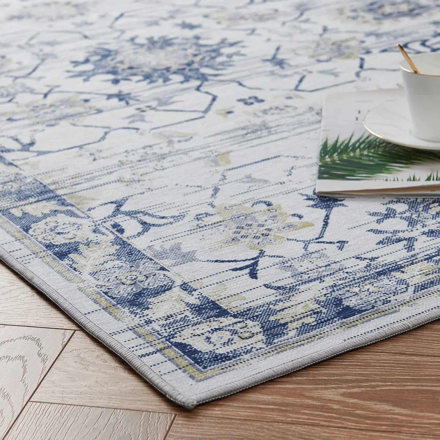 Custom 5X7 Persian Washable Bedroom Rug Kitchen Navy Blue 100% Polyester Silk Non Slip Modern Living Room Carpet