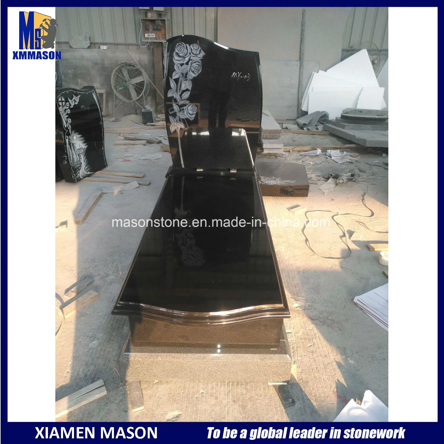 Absolutly Black Granite Tombstone with Roses Carved Headstone