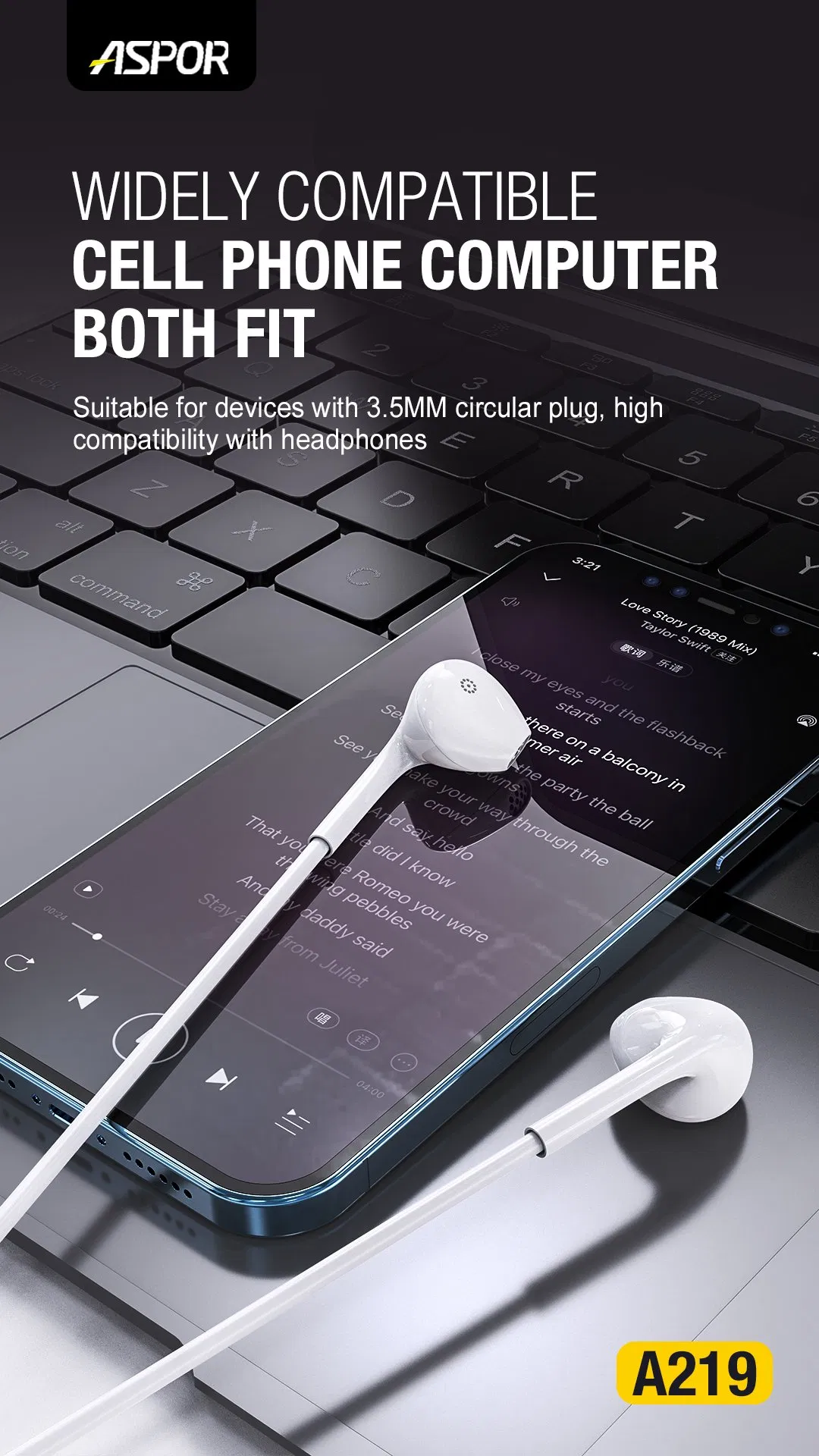 Наушники проводные с микрофоном ASPOR A219, белые