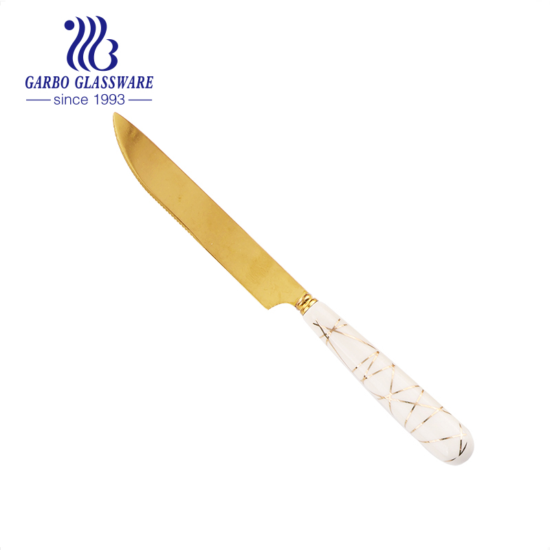 Wholesale 17cm Mirror Polished Stainless Steel 13/0 PVD Gold Tableware Dinner Knife with Ceramic Plate Set