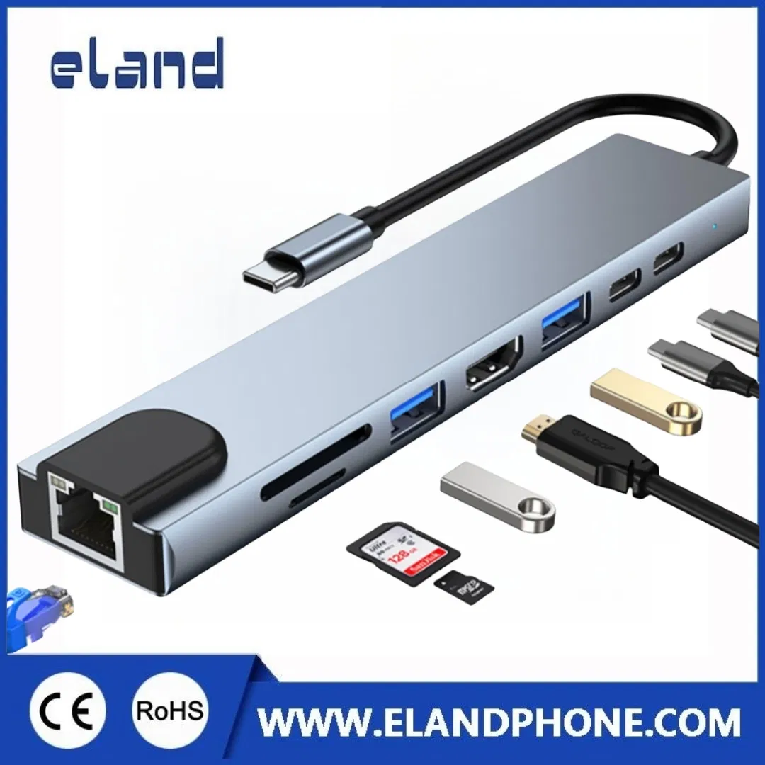 8 in 1 Type to Pd/USB-C/USB3.0/2*USB2.0/SD/TF/RJ45 Adapter