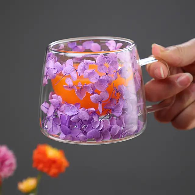 Borosilicate Double Walled Glass Coffee Everlasting Flower Handles Heat-Resistant