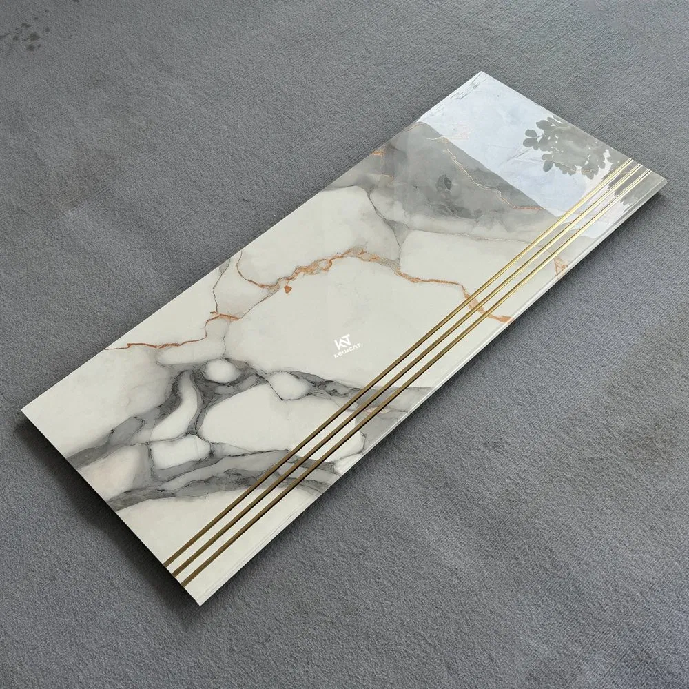 Foshan Modern Houses Anti Slip 470X1200 Polished Non-Slip Gold Plated White Stairs Steps Floor Tiles Design Tile for Stairs