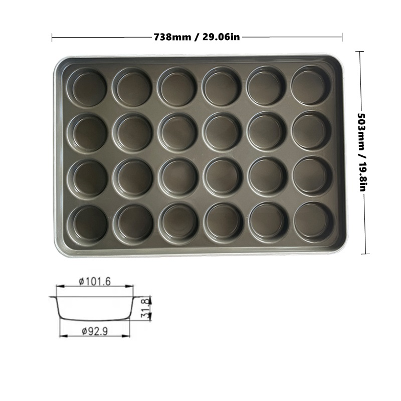 24 Cavities 738X503X61.6mm Single Cup 31.8mm Deep Aluminized Steel Non-Stick Hamburger Bun Pan Commercial Burger Baking Tray