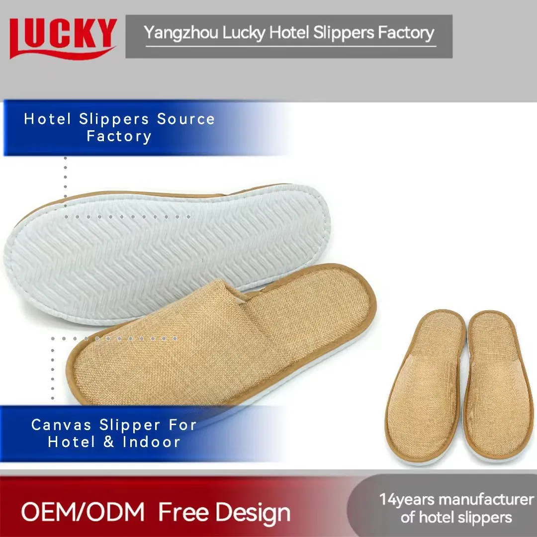 Unisex High End Eco Friendly Linen Aviation Hotel Slippers with Coconut Palm Sole Eco Friendly Adult Close Toe Disposable Hotel Linen Slipper Airline Slippers