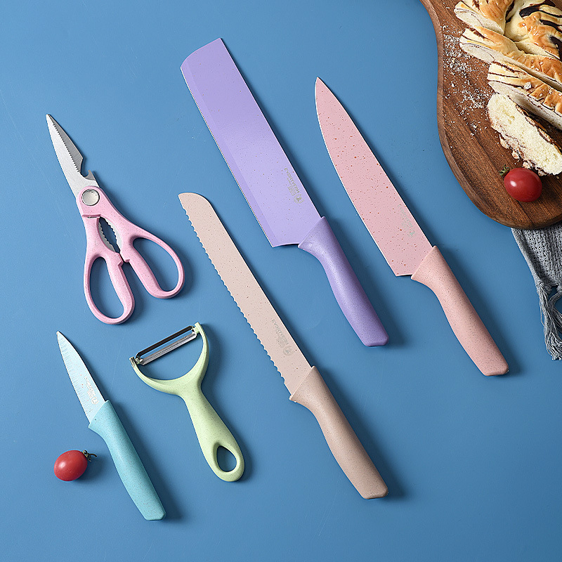 Wholesale Wheat Straw Set Colorful Six Piece Gift Stainless Steel Kitchen Knives
