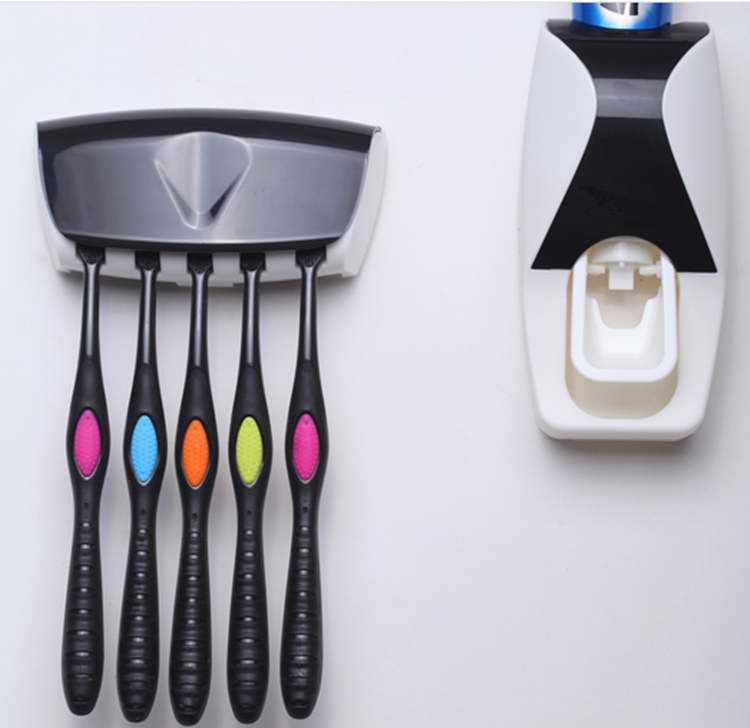 Wall Mounted Kids Hands Free Toothbrush Holder Toothpaste Squeezer Dispenser Set