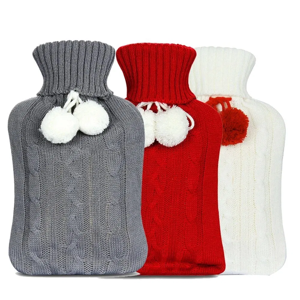 China Supplier Pure Color Customized Pompom Hot Water Bottle Knitted Cable Cover for Winter