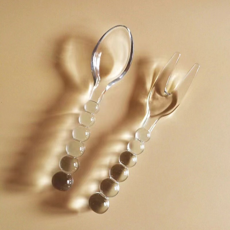 Custom Handmade Medieval Glass Beaded Tableware Creative Transparent Pink Green Glass Spoon and Fork Set