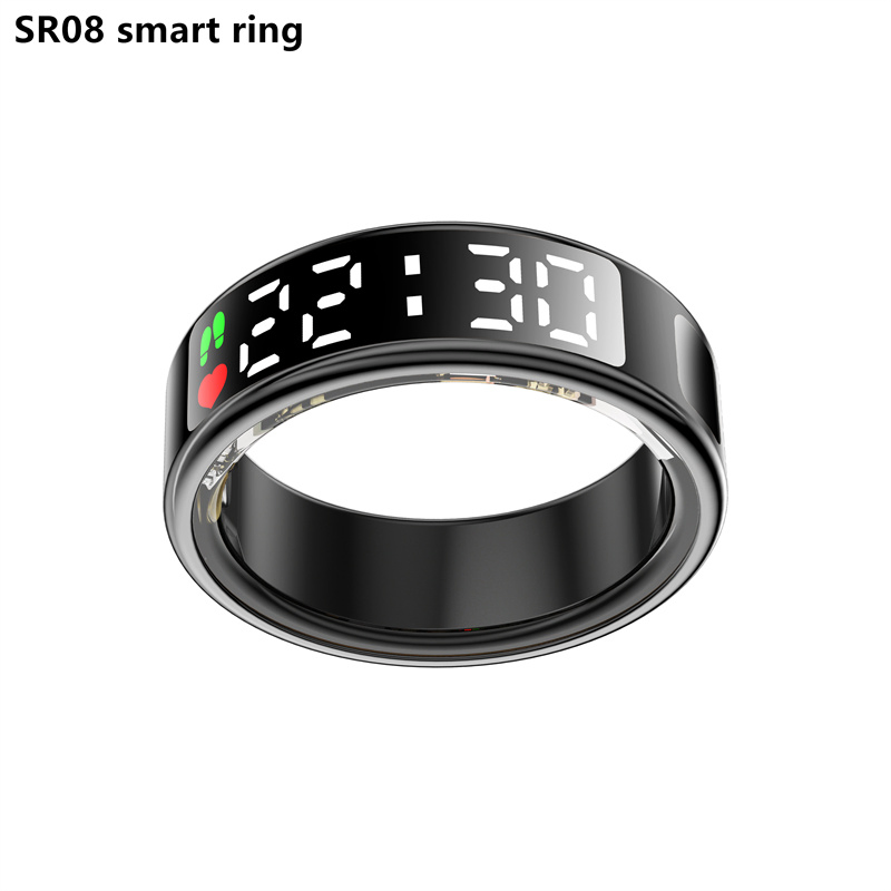 Sr08 Electronic Touch Screen Button Cotrol Digital Screen Waterproof Health Care Monitor Bluetooth Heart Rate Blood Oxygen Jring APP Smart Ring