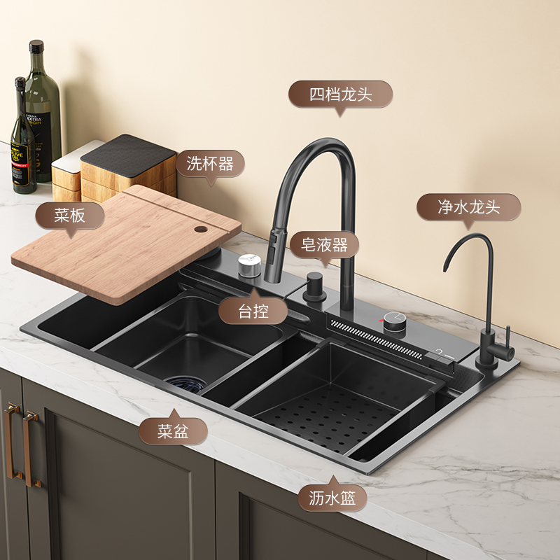 Kitchen Sink with Rainfall Faucet Single Big Sink Stainless Steel 304