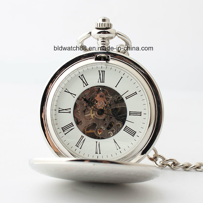 OEM Engraving Silver Tone Dual Open Mechanical Pocket Watch with Chain