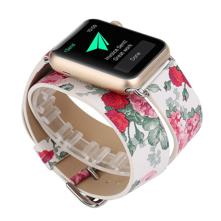 Elegant Floral Print Leather Watch Band for Apple Watch