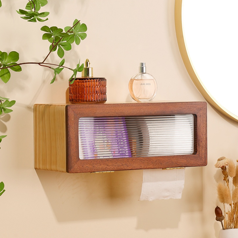 Wooden Storage Box Doubling as Kitchen Tissue and Toilet Paper Roll Dispenser