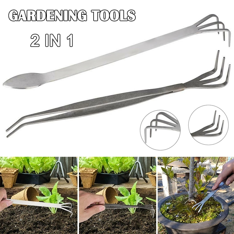 2 in 1 Stainless Steel Bonsai Gardening Tools Root Rake Spatula Tweezers Garden Tools