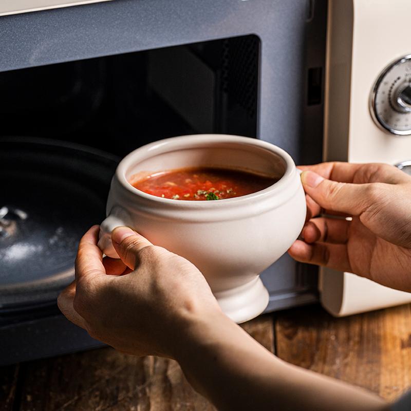 Wholesale Double Lion Head Handle Design Ceramic Footed Soup Bowl