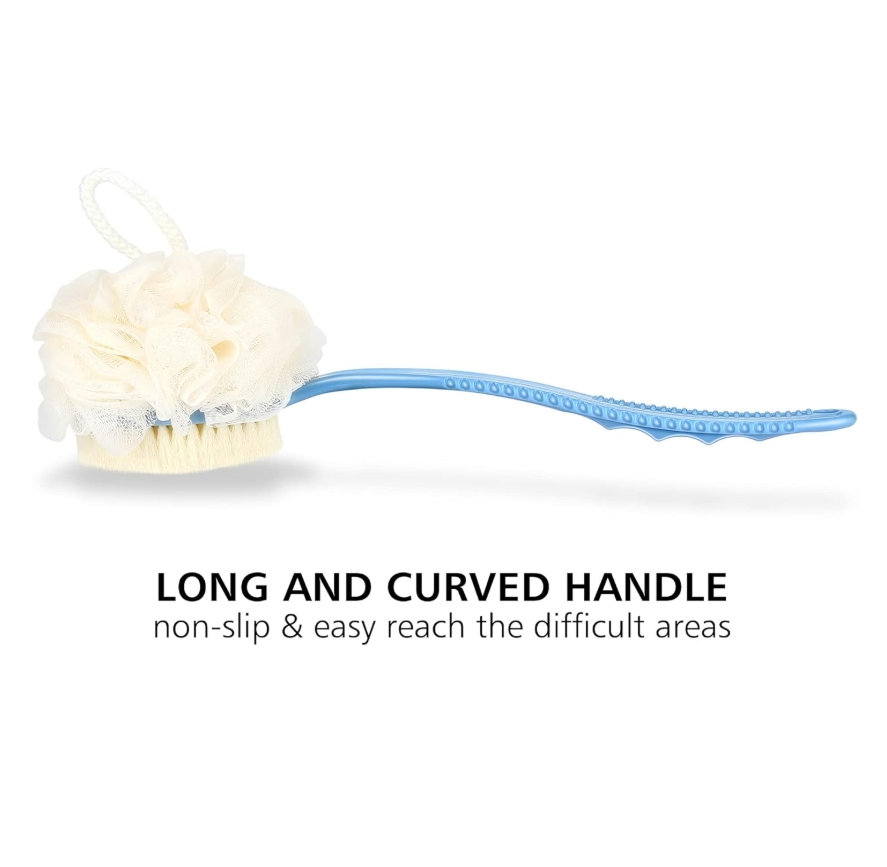 Shower Body Brush Back Scrubber Bath Mesh Sponge with Bristles and Loofah